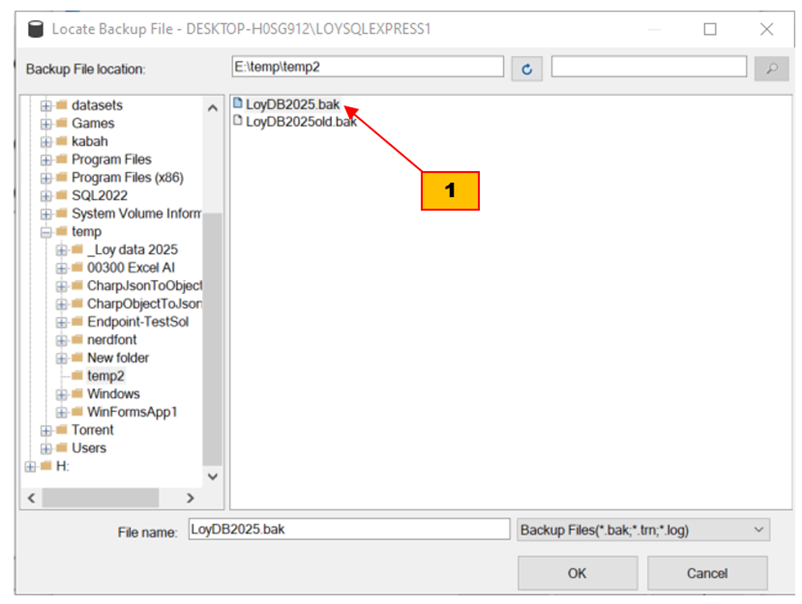 เลือกไฟล์ bak ที่ต้องการ Restore