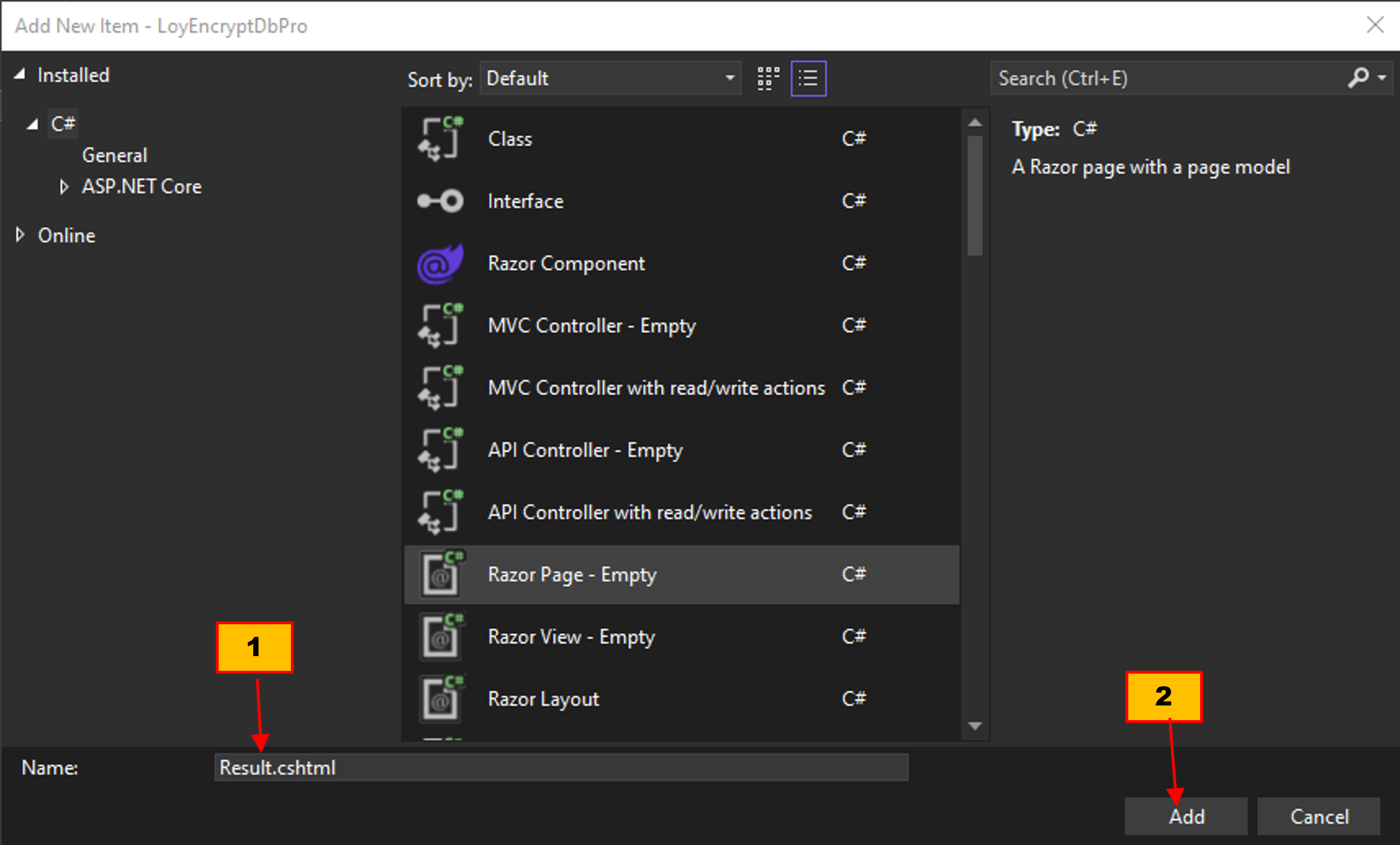 (1) ป้อนพิมพ์ชื่อไฟล์, (2) เลือก Add
