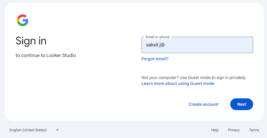 หน้าต่างการสมัครของ Looker Studio