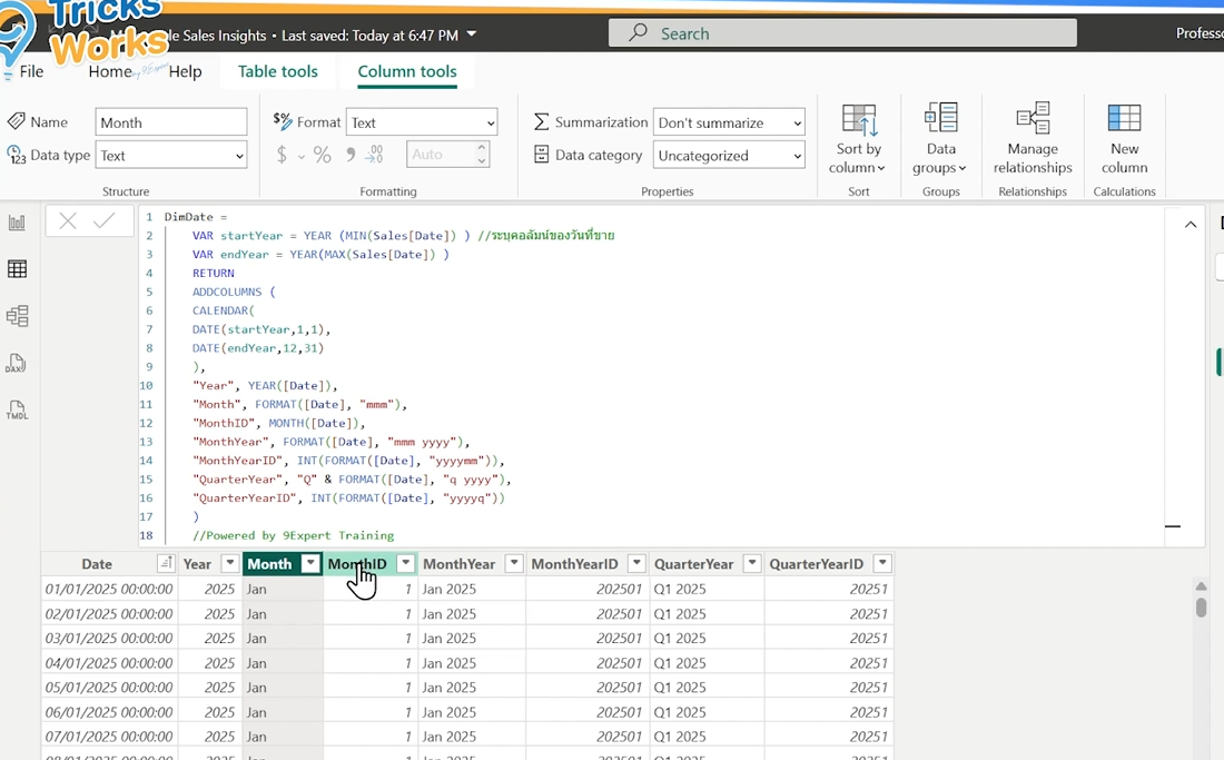 เลือกคอลัมน์ Month เพื่อทำการ Sort by Column ด้วย MonthID