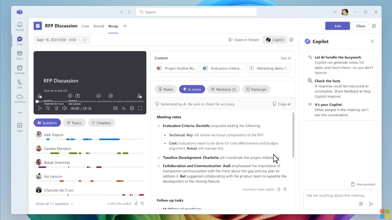 หน้าต่างของหน้าจอ Recap บน Microsoft Teams