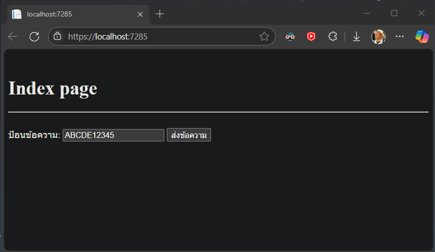 เมื่อรันโปรแกรมจะเห็นหน้านี้ ให้ป้อนข้อความแล้วกดปุ่มส่งข้อความ