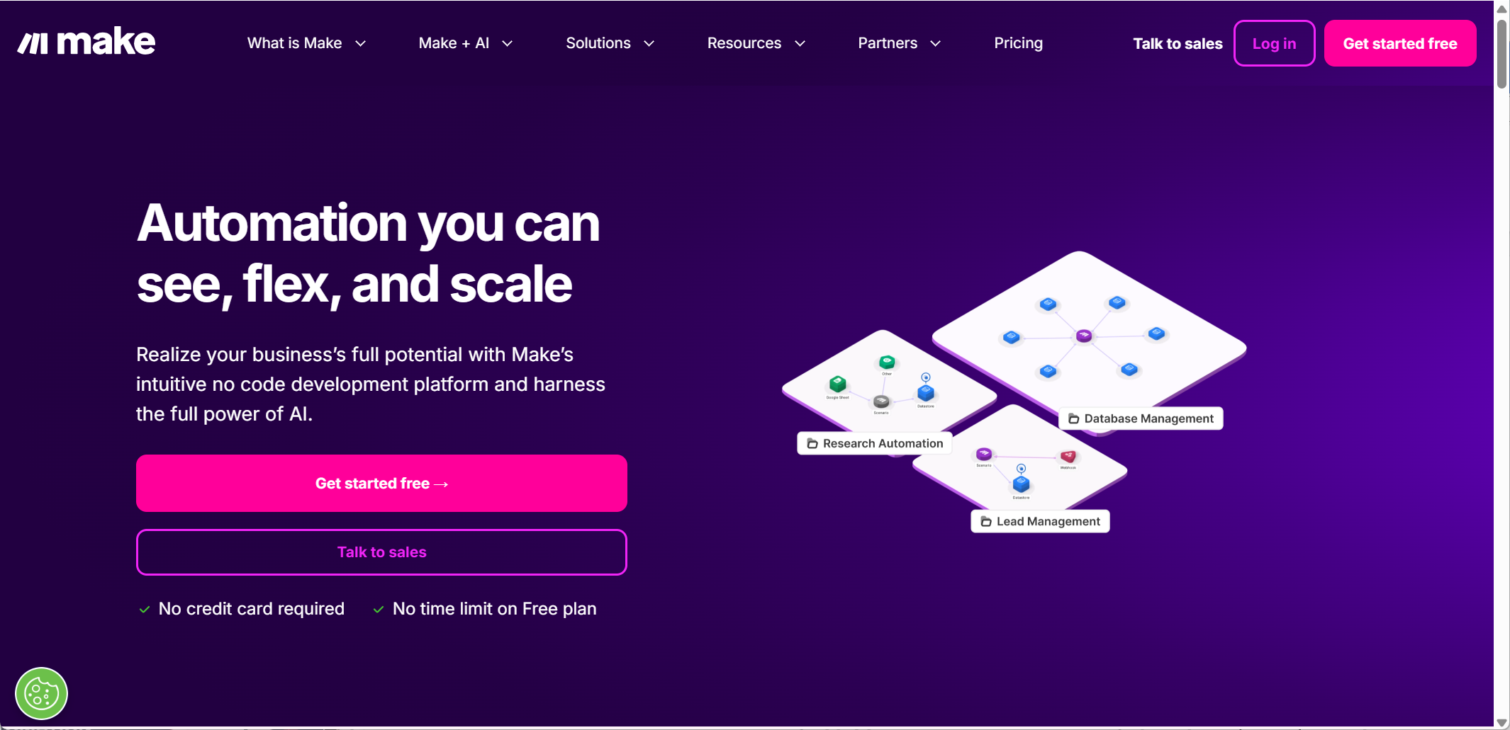 หน้าแรกของเว็บไซต์ make.com เพื่อสร้าง AI Workflow Automation ได้